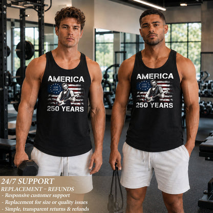 Retro Lincoln Guitar Flag Tank Top 1776-2026 Patriotic Vintage Men Graphic Sleeveless Shirt