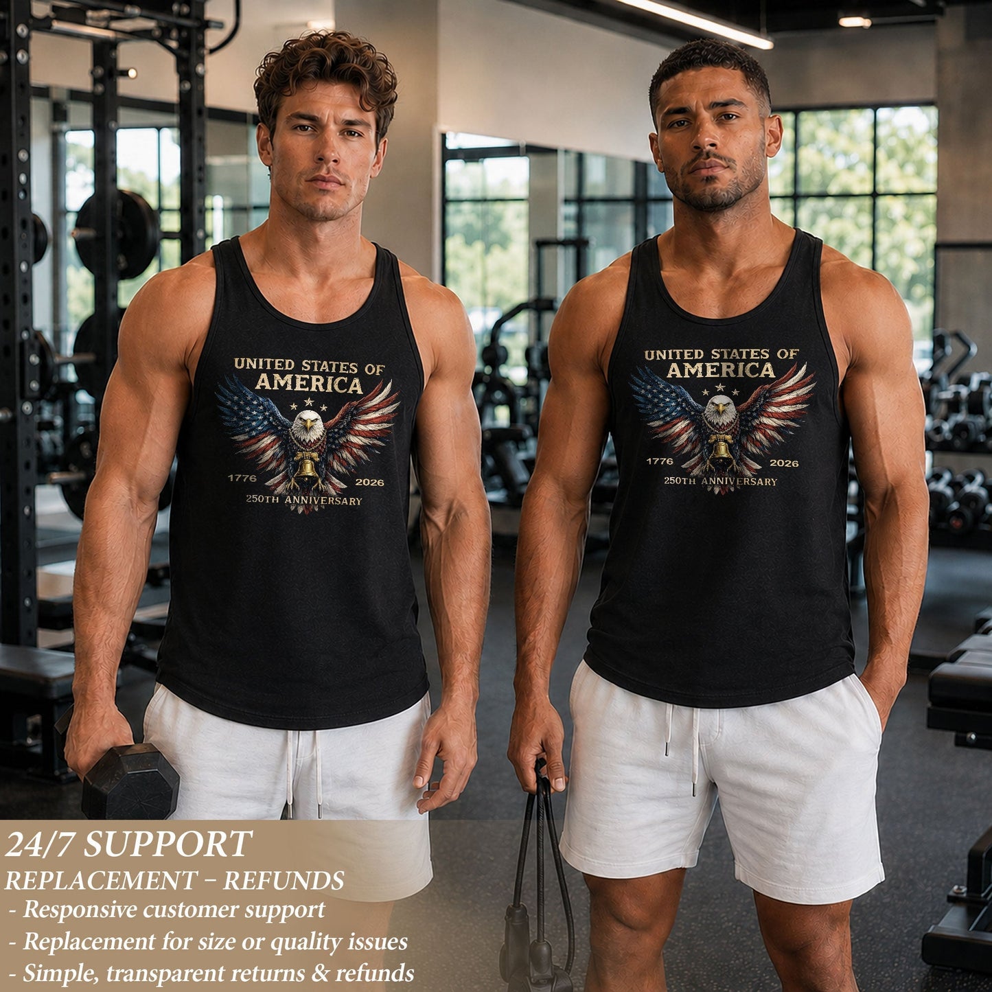 Men Tank Top Patriotic Bald Eagle Liberty Bell 1776-2026 250th Anniversary Flag Wings Vest