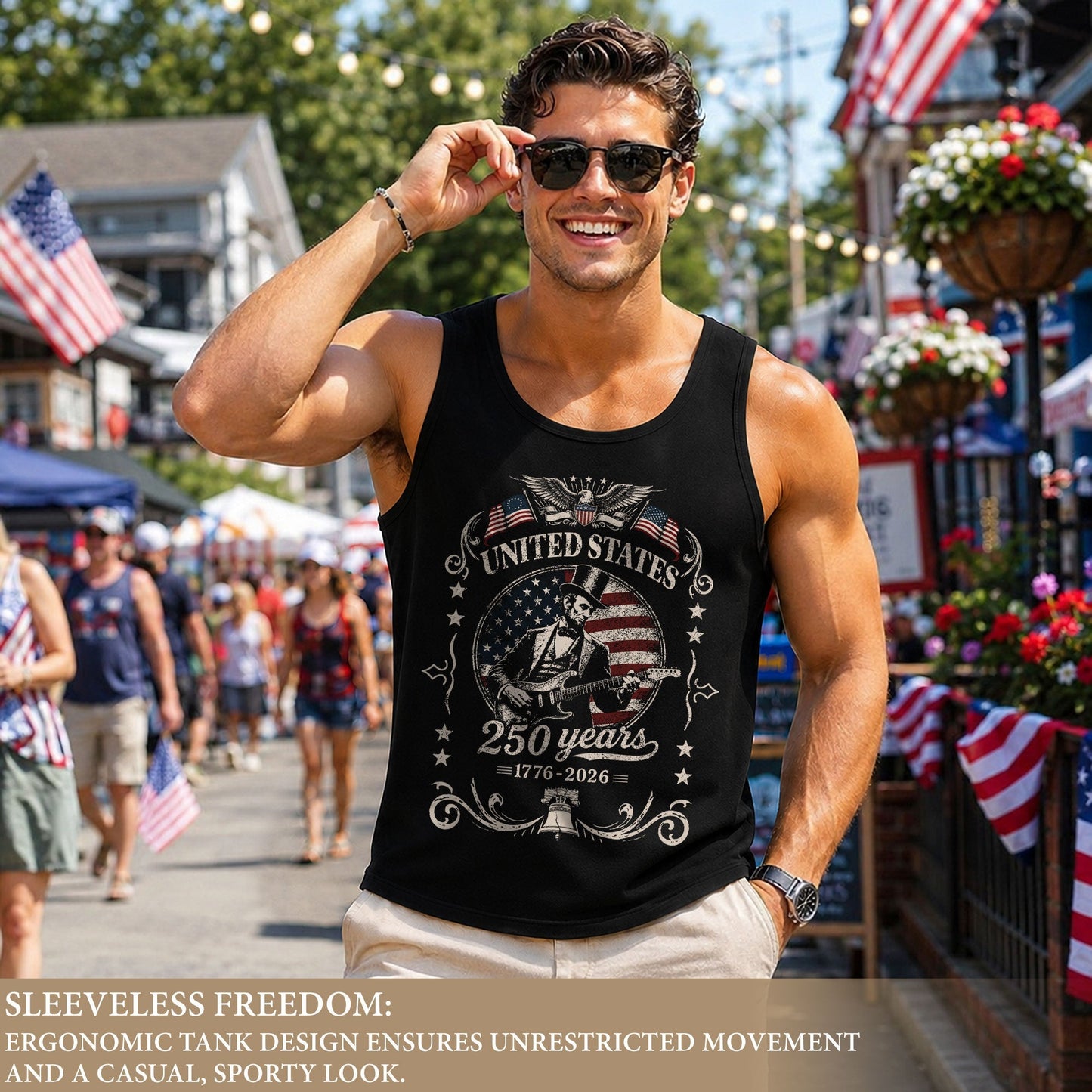 250 Years Freedom Lincoln Guitar Tank Top Men Patriotic Vintage Independence Day Shirt